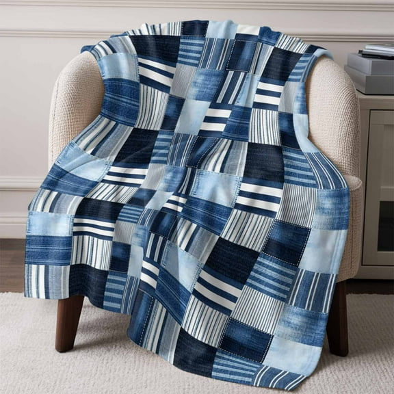 Flannel Fleece Throw Blanket Blue Stripe Plaid Gingham Check Lightweight Soft Plush Blankets,Abstract Geometric Cozy Warm Throw Blanket for Couch Sofa Bed Car Office All Season Use 50x60in
