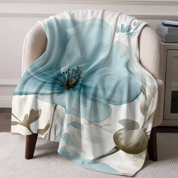 Flannel Fleece Throw Blanket Blue Tulip Blossom Floral Watercolor Lightweight Soft Plush Blankets,Farm Plant Vintage Letter Cozy Warm Throw Blanket for Couch Sofa Bed Car Office 60x80in