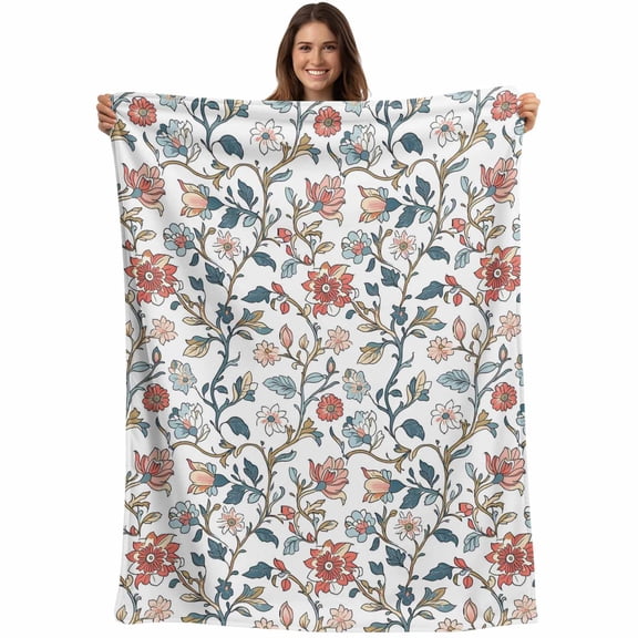 Flannel Fleece Throw Blanket Bohemia Flower Leaves on Retro Lightweight Soft Plush Blankets,Tribal Western Floral Cozy Warm Throw Blanket for Couch Sofa Bed Car Office 40x50in