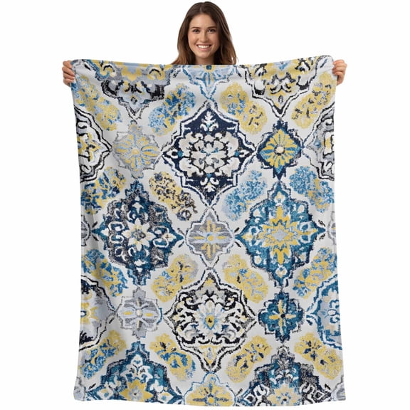 Flannel Fleece Throw Blanket Bohemian Morocco Ethnic Style Lightweight Soft Plush Blankets,Vintage Texture Abstract Art Cozy Warm Throw Blanket for Couch Sofa Bed Car Office All Season Use 40x50in