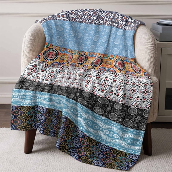 Flannel Fleece Throw Blanket Boho Stripe Abstract Ethnic Style Lightweight Soft Plush Blankets,Polka Dot Patchwork Stripes Cozy Warm Throw Blanket for Couch Sofa Bed Car Office All Season Use 50x60in