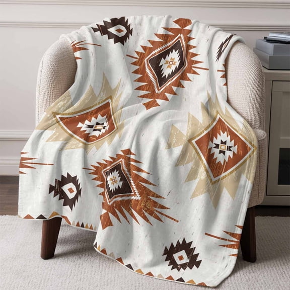 Flannel Fleece Throw Blanket Brown Aztec Ethnic Art Lightweight Soft Plush Blankets,Abstract Geometric Color Block Cozy Warm Throw Blanket for Couch Sofa Bed Car Office All Season Use 50x60in