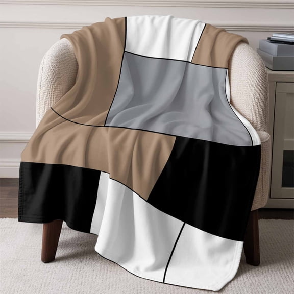 Flannel Fleece Throw Blanket Brown Gray Color Block Lightweight Soft Plush Blankets,Geometric Minimalist Style Cozy Warm Throw Blanket for Couch Sofa Bed Car Office All Season Use 60x80in