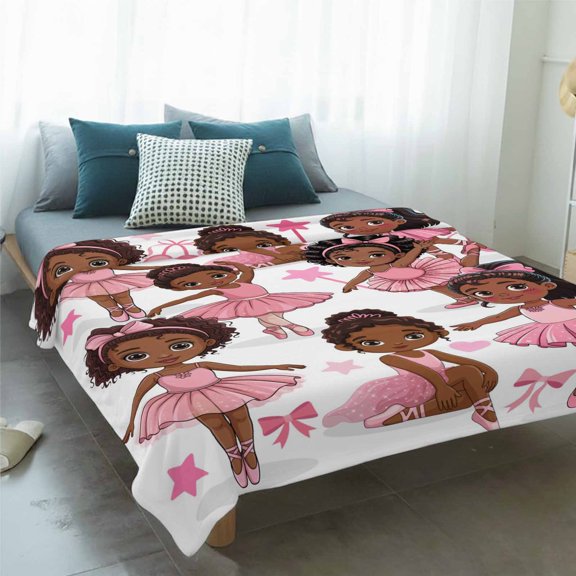 Flannel Fleece Throw Blanket, Cartoon Children Ballet Dance Soft Warm Fuzzy Cozy Blanket for Couch Bed Sofa Office, Pink Butterflies Ballet Shoes 60x80In
