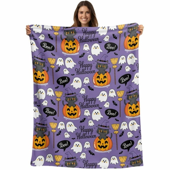 Flannel Fleece Throw Blanket Cartoon Pumpkin Ghost Halloween Black Cat Lightweight Soft Plush Blankets,Witch Hat on Purple Cozy Warm Throw Blanket for Couch Sofa Bed Car Office All Season Use 40x50in