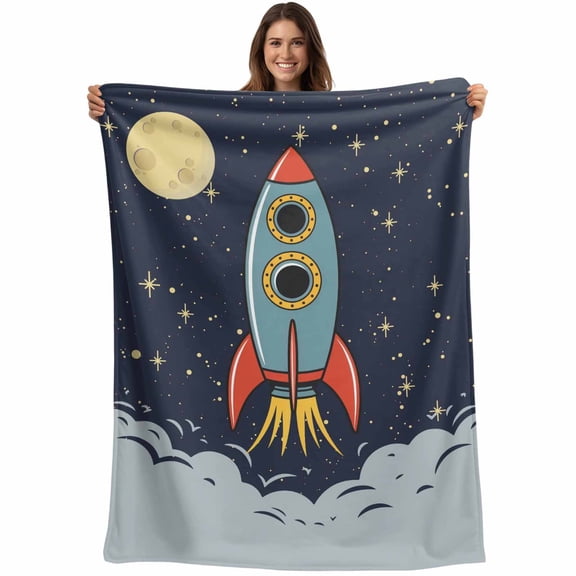 Flannel Fleece Throw Blanket Cartoon Space Rocket Launch Stars and Moon Lightweight Soft Plush Blankets,Outer Planet Cozy Warm Throw Blanket for Couch Sofa Bed Car Office 40x50in