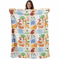 Flannel Fleece Throw Blanket Cartoon Watercolor Zoo Animals Lightweight Soft Plush Blankets,Cute Lion Tiger Monkey Bear Cozy Warm Throw Blanket for Couch Sofa Bed Car Office 40x50in