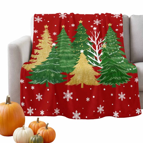 Flannel Fleece Throw Blanket Christmas Green Gold Tree Lightweight Soft Plush Blankets 50x60in, Winter Snowflake Red Back Cozy Warm Throw Blanket for Couch Sofa Bed Car Office