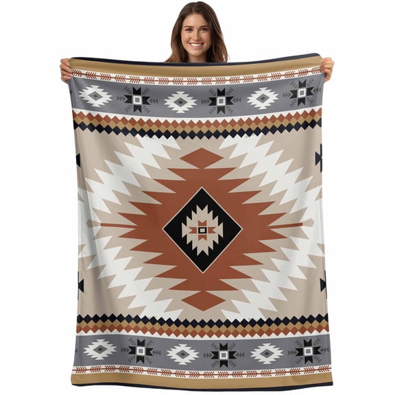 Flannel Fleece Throw Blanket Classic Aztec Orange Pattern Lightweight Soft Plush Blankets,Abstract Bohemian Art Cozy Warm Throw Blanket for Couch Sofa Bed Car Office 40x50in