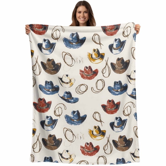 Flannel Fleece Throw Blanket Classic Western Cowboy Desert Lightweight Soft Plush Blankets,Watercolor Red Blue Hat Cozy Warm Throw Blanket for Couch Sofa Bed Car Office 40x50in