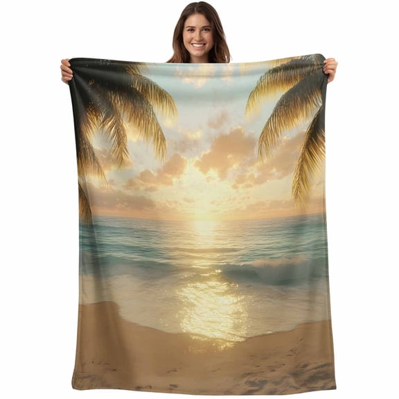 Flannel Fleece Throw Blanket Coastal Beach Palm Trees Lightweight Soft Plush Blankets,Summer Seaside Ocean Waves Cozy Warm Throw Blanket for Couch Sofa Bed Car Office 40x50in