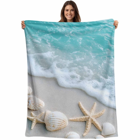 Flannel Fleece Throw Blanket Coastal Beach Shell Starfish Lightweight Soft Plush Blankets,Summer Teal Water Ripple Cozy Warm Throw Blanket for Couch Sofa Bed Car Office All Season Use 40x50in