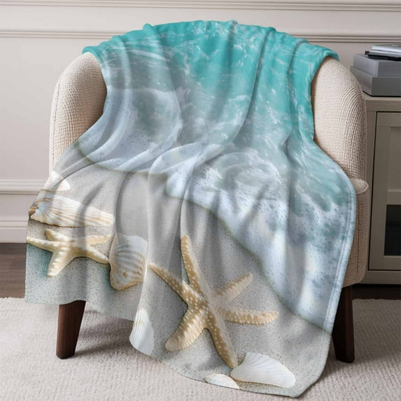 Flannel Fleece Throw Blanket Coastal Beach Shell Starfish Lightweight Soft Plush Blankets,Summer Teal Water Ripple Cozy Warm Throw Blanket for Couch Sofa Bed Car Office All Season Use 50x60in