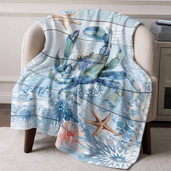 Flannel Fleece Throw Blanket Coastal Crab Ocean Starfish Coral Lightweight Soft Plush Blankets,Farm Blue Wood Board Cozy Warm Throw Blanket for Couch Sofa Bed Car Office All Season Use 50x60in
