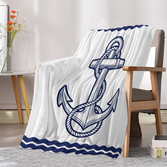 Flannel Fleece Throw Blanket Coastal Nautical Anchor String Lightweight Soft Plush Blankets 30x40in, Ocean Navy Blue Stripe Sea Wave Cozy Warm Throw Blanket for Couch Sofa Bed Car Office