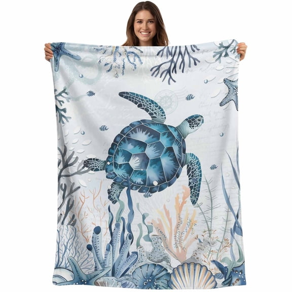 Flannel Fleece Throw Blanket Coastal Ocean Turtle Coral Shell Lightweight Soft Plush Blankets,Nautical Marine Life Starfish Cozy Warm Throw Blanket for Couch Sofa Bed Car Office 40x50in