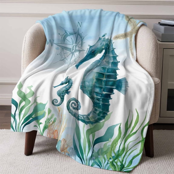 Flannel Fleece Throw Blanket Coastal Seahorse Compass Lightweight Soft Plush Blankets,Starfish Seaweed Shell Blue Gradient Cozy Warm Throw Blanket for Couch Sofa Bed Car Office All Season Use 50x60in