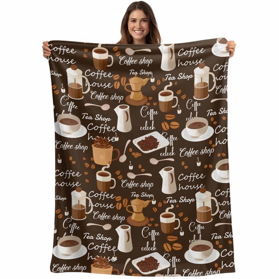 Flannel Fleece Throw Blanket Coffee Bean Cafe Cup Seamless Lightweight Soft Plush Blankets,Retro Brown Graffiti Style Cozy Warm Throw Blanket for Couch Sofa Bed Car Office 40x50in