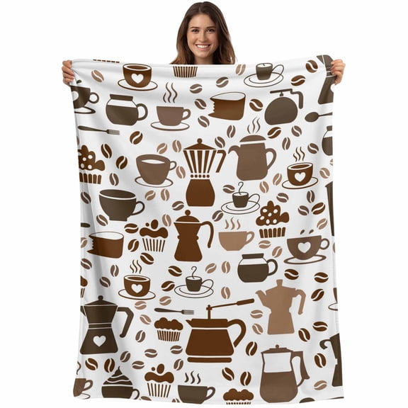 Flannel Fleece Throw Blanket Coffee Maker Beans Cups Cake Lightweight Soft Plush Blankets,Coffee Time Cozy Warm Throw Blanket for Couch Sofa Bed Car Office 40x50in
