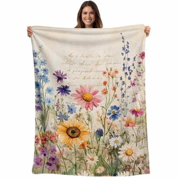 Flannel Fleece Throw Blanket Colorful Flower Leaves on Retro Letter Lightweight Soft Plush Blankets,Watercolor Floral Cozy Warm Throw Blanket for Couch Sofa Bed Car Office 40x50in