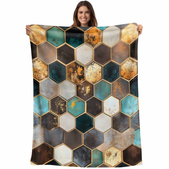 Flannel Fleece Throw Blanket Colorful Moroccan Abstract Geometric Lightweight Soft Plush Blankets,Gold Lattice Hexagon Cozy Warm Throw Blanket for Couch Sofa Bed Car Office All Season Use 40x50in