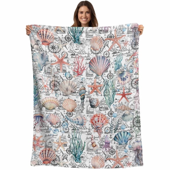 Flannel Fleece Throw Blanket Colorful Ocean Shell Starfish Coral Lightweight Soft Plush Blankets,Seamless Nautical Theme Cozy Warm Throw Blanket for Couch Sofa Bed Car Office 40x50in