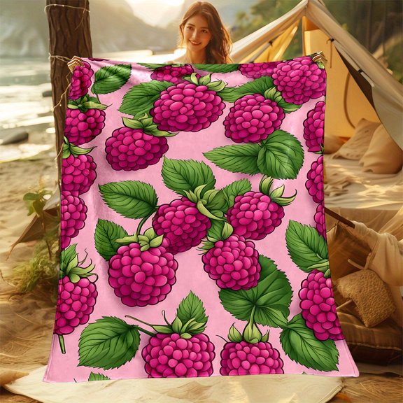 Flannel Fleece Throw Blanket Contemporary All Season Ultra Soft Digital Print with Non Woven Weaving Cartoon Raspberry Pattern High Density No Shedding 200 250g Fabric Weight