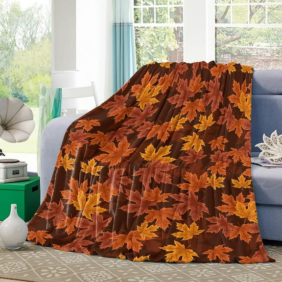 Flannel Fleece Throw Blanket for Couch Bed Sofa Travel Autumn Thanksgiving Farm Fallen Leaves Fuzzy Soft Lightweight Blankets Plush Warm Cozy Bedspread Throws Orange Maple Leaf 60x80in