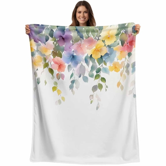 Flannel Fleece Throw Blanket Country Colorful Flower Leaves Lightweight Soft Plush Blankets,Gradient Oil Painting Style Cozy Warm Throw Blanket for Couch Sofa Bed Car Office All Season Use 40x50in
