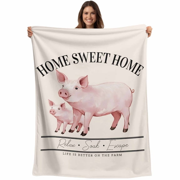 Flannel Fleece Throw Blanket Country Pink Pig Farmhouse Theme Lightweight Soft Plush Blankets,Sweet Home Farm Text Animals Cozy Warm Throw Blanket for Couch Sofa Bed Car Office 40x50in