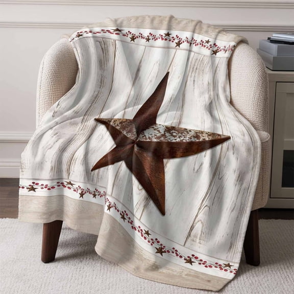 Flannel Fleece Throw Blanket Country Star Farm Vintage Wood Board Lightweight Soft Plush Blankets,Brown Pentagram Cozy Warm Throw Blanket for Couch Sofa Bed Car Office All Season Use 60x80in