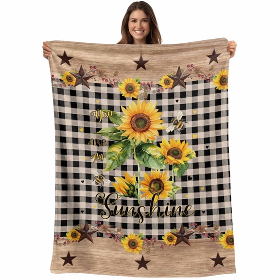 Flannel Fleece Throw Blanket Country Star Sunflower Watercolor Lightweight Soft Plush Blankets,Farm Retro Black Checker Cozy Warm Throw Blanket for Couch Sofa Bed Car Office All Season Use 40x60in