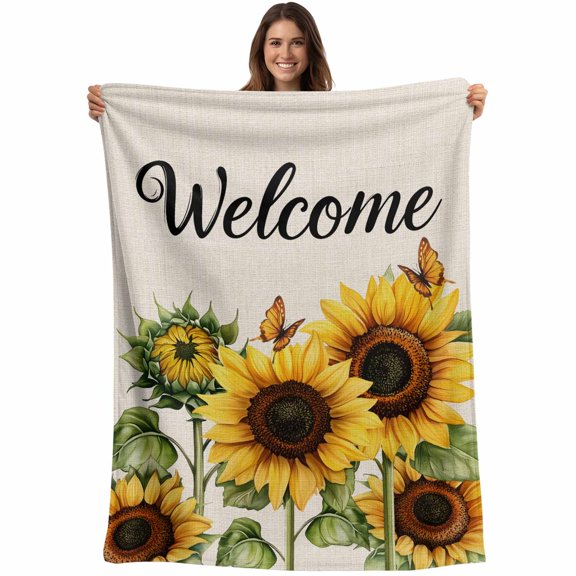 Flannel Fleece Throw Blanket Country Watercolor Sunflower Butterfly Lightweight Soft Plush Blankets,Welcome Quote Retro Linen Cozy Warm Throw Blanket for Couch Sofa Bed Car Office 40x50in
