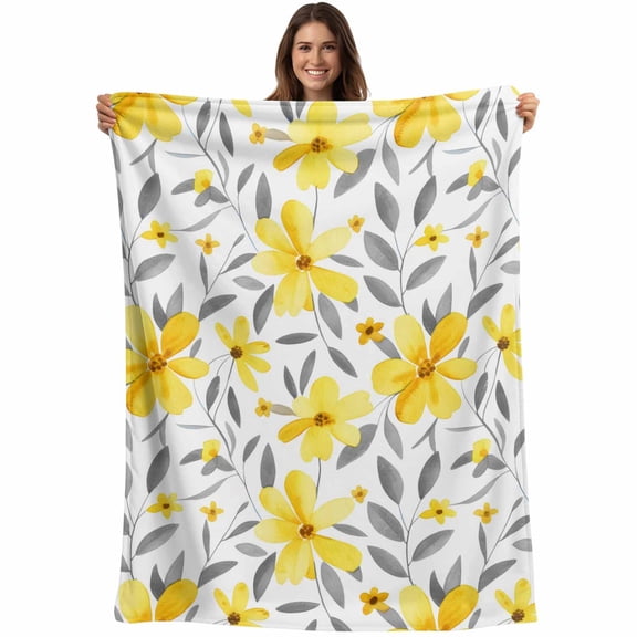 Flannel Fleece Throw Blanket Country Yellow Flowers Lightweight Soft Plush Blankets,Abstract Farm Floral Art Cozy Warm Throw Blanket for Couch Sofa Bed Car Office 40x50in
