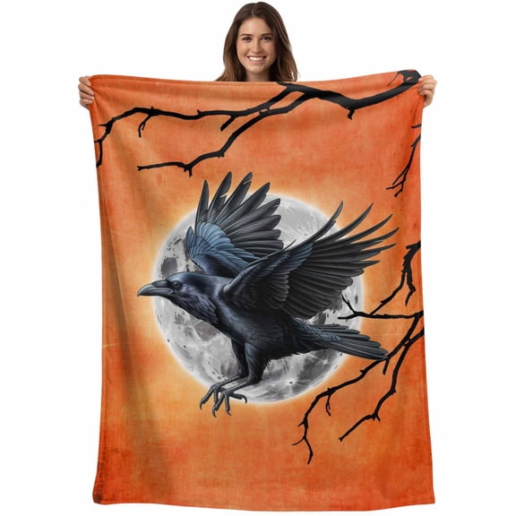 Flannel Fleece Throw Blanket Crow Halloween Horror Dead Branch Lightweight Soft Plush Blankets,Moon Orange Gradient Back Cozy Warm Throw Blanket for Couch Sofa Bed Car Office All Season Use 40x50in