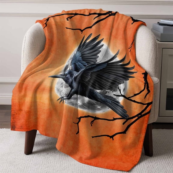 Flannel Fleece Throw Blanket Crow Halloween Horror Dead Branch Lightweight Soft Plush Blankets,Moon Orange Gradient Back Cozy Warm Throw Blanket for Couch Sofa Bed Car Office All Season Use 60x80in