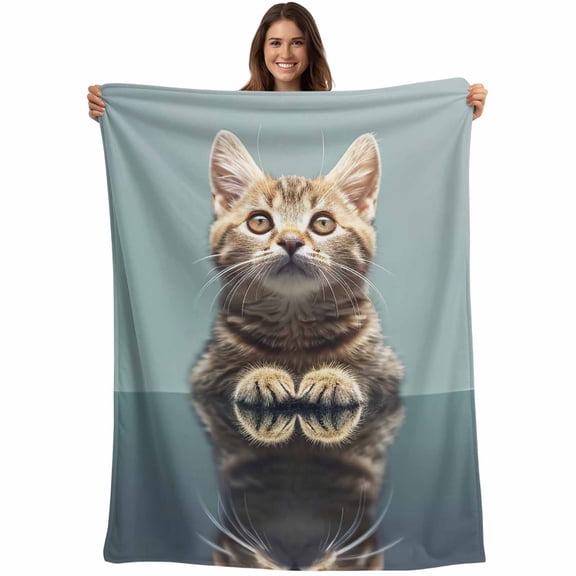 Flannel Fleece Throw Blanket Cute Brown Cat on Blue Lightweight Soft Plush Blankets,Animal Focus Cozy Warm Throw Blanket for Couch Sofa Bed Car Office 40x50in