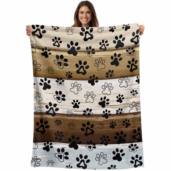 Flannel Fleece Throw Blanket Cute Dog Paw Print Farm Wood Board Lightweight Soft Plush Blankets,Pet Footprints Shadow Cozy Warm Throw Blanket for Couch Sofa Bed Car Office All Season Use 40x50in