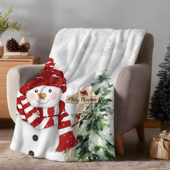Flannel Fleece Throw Blanket Cute Snowman Christmas Tree on Gray Lightweight Soft Plush Blankets 30x40in, Berry Green Xmas Tree Cozy Warm Throw Blanket for Couch Sofa Bed Car Office