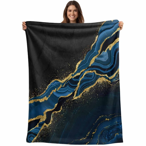 Flannel Fleece Throw Blanket Dark Blue Marble Fluid Lightweight Soft Plush Blankets,Gold Foil Abstract Stripe Cozy Warm Throw Blanket for Couch Sofa Bed Car Office All Season Use 40x50in