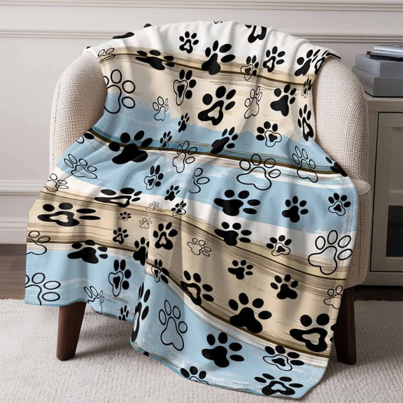 Flannel Fleece Throw Blanket Dog Paw Print Pet Footprint Lightweight Soft Plush Blankets,Farm Blue Wood Board Cozy Warm Throw Blanket for Couch Sofa Bed Car Office All Season Use 50x60in