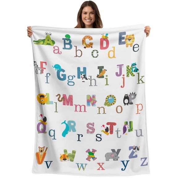 Flannel Fleece Throw Blanket English Alphabet Cartoon Animal Lightweight Soft Plush Blankets,Colorful Color Block Cozy Warm Throw Blanket for Couch Sofa Bed Car Office All Season Use 40x50in