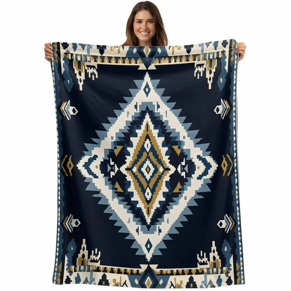 Flannel Fleece Throw Blanket Ethnic Aztec Abstract Geometric Lightweight Soft Plush Blankets,Retro Color Blocks on Black Cozy Warm Throw Blanket for Couch Sofa Bed Car Office All Season Use 40x50in