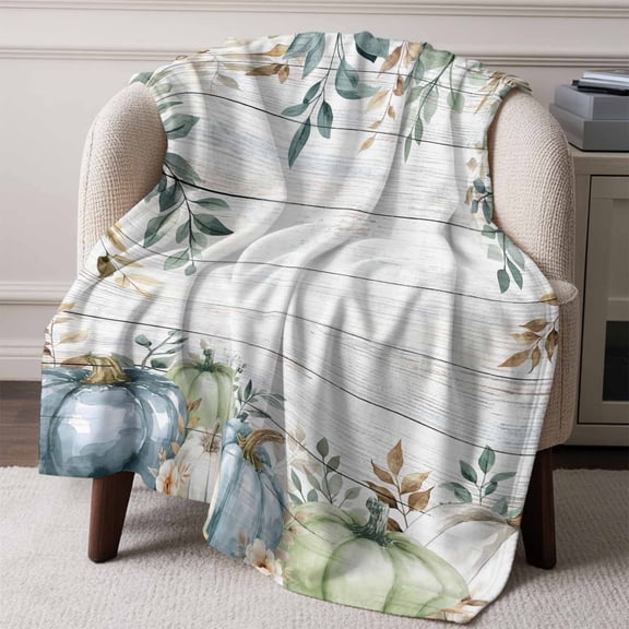 Flannel Fleece Throw Blanket Fall Pumpkin Thanksgiving Eucalyptus Leaf Lightweight Soft Plush Blankets,Farm Vintage Wood Board Cozy Warm Throw Blanket for Couch Sofa Bed Car Office 50x60in
