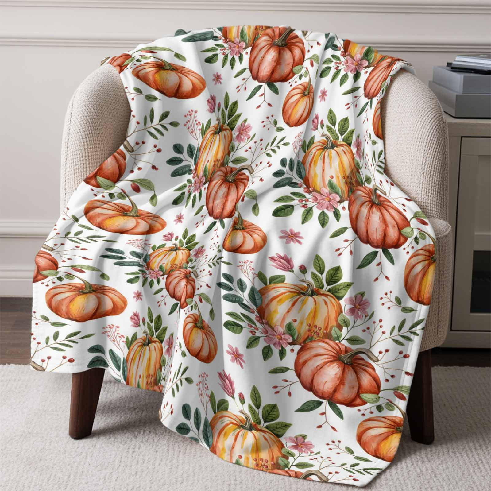 Flannel Fleece Throw Blanket Fall Thanksgiving Orange Pumpkin Leaf