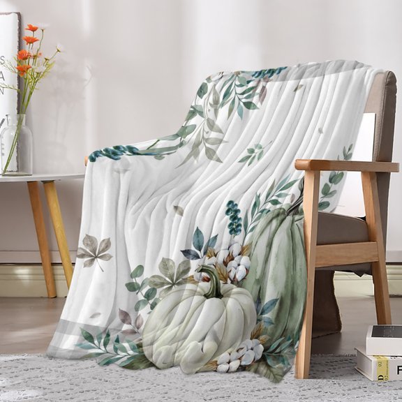 Flannel Fleece Throw Blanket Fall Thanksgiving Pumpkin Leaf Lightweight Soft Plush Blankets 30x40in, Farm Cotton Berry Gray Plaid Cozy Warm Throw Blanket for Couch Sofa Bed Car Office