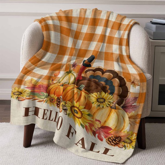 Flannel Fleece Throw Blanket Fall Thanksgiving Pumpkin Turkey Lightweight Soft Plush Blankets,Sunflower Retro Orange Plaid Cozy Warm Throw Blanket for Couch Sofa Bed Car Office All Season Use 50x60in
