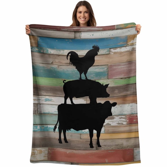 Flannel Fleece Throw Blanket Farm Animal Silhouette Cow Pig Chick Lightweight Soft Plush Blankets,Retro Wood Grain Cozy Warm Throw Blanket for Couch Sofa Bed Car Office 40x50in