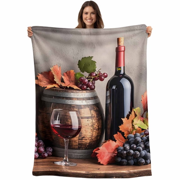 Flannel Fleece Throw Blanket Farm Grapes Wine Barrel Lightweight Soft Plush Blankets,Country Fruit Harvest Cozy Warm Throw Blanket for Couch Sofa Bed Car Office All Season Use 40x60in