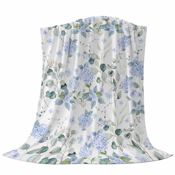 Flannel Fleece Throw Blanket, Farm Hydrangea Flower Blue Soft Warm Fuzzy Cozy Blanket for Couch Bed Sofa Office, Country Eucalyptus Leaf Floral 40x50In